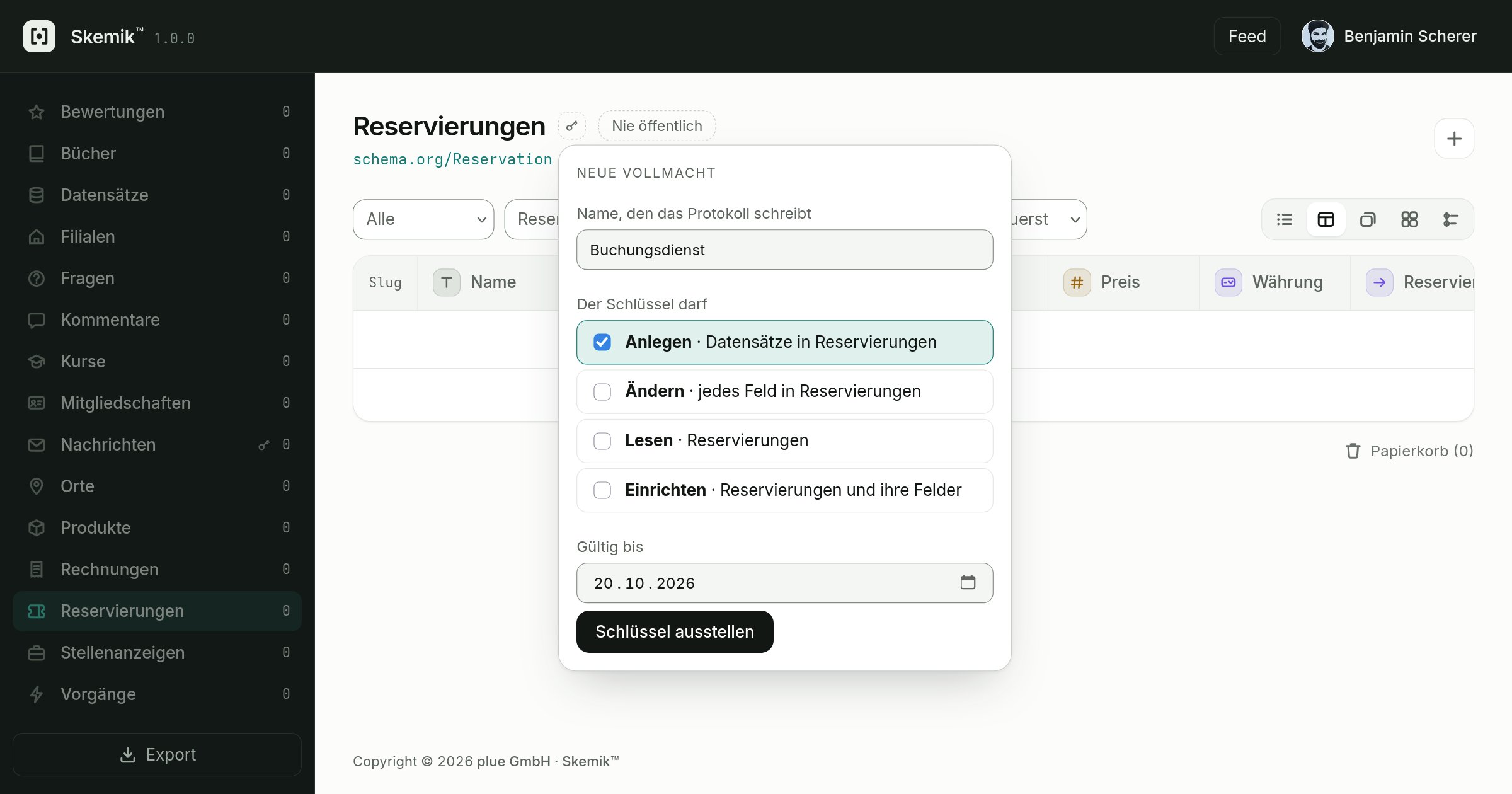 Ein Schlüssel beim Ausstellen, mit seinem Satz „darf Reservierungen anlegen, sonst nichts“ und seinem Ablaufdatum.
