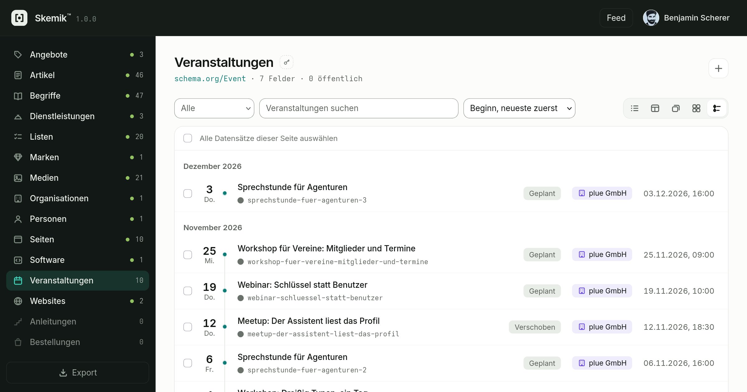 Skemik: Veranstaltungen als Zeitstrahl