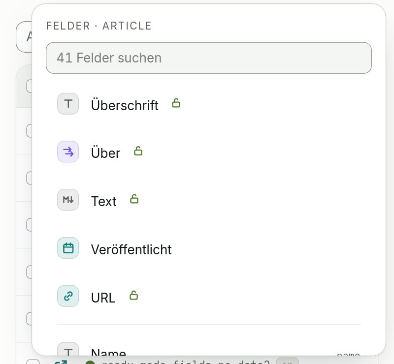 Die Felder einer Sammlung und die Auswahl der Felder, die ihr Typ noch anbietet.