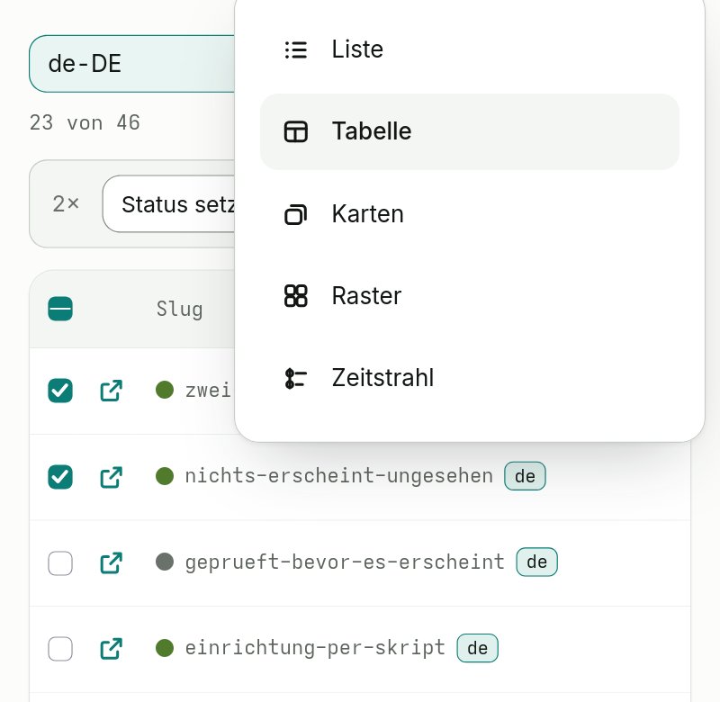 Die Tabelle einer Sammlung, drei Zeilen angehakt, darüber die Leiste mit Status, Wert und Papierkorb.